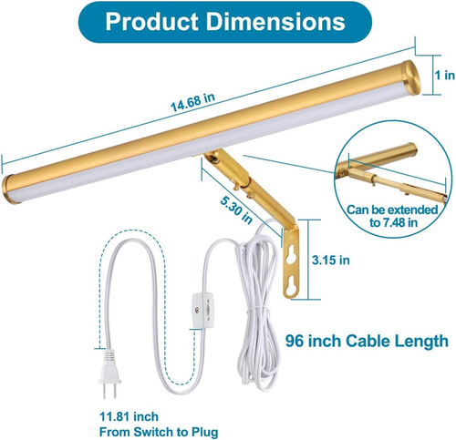 14" LED Picture Light, Warm White 3000K, Gold Finish, Adjustable Art Gallery - Picture 5 of 12