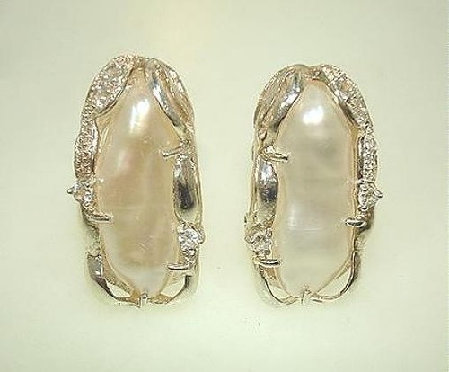 VARIETY 13MM HEAVY 925 SILVER CULTURED FRESHWATER BIWA PEARL CZ OMEGA EARRINGS - Picture 9 of 11