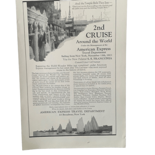 Anuncio de crucero vintage de American Express Travel 2nd World 1923 - Imagen 3 de 4