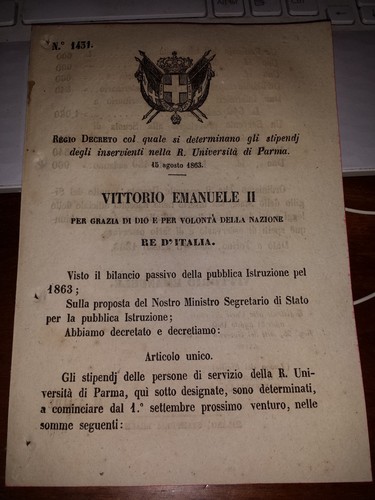 REGIO DECRETO 1863 si DETERMINA STIPENDI INSERVIENTI REGIA UNIVERSITà DI PARMA