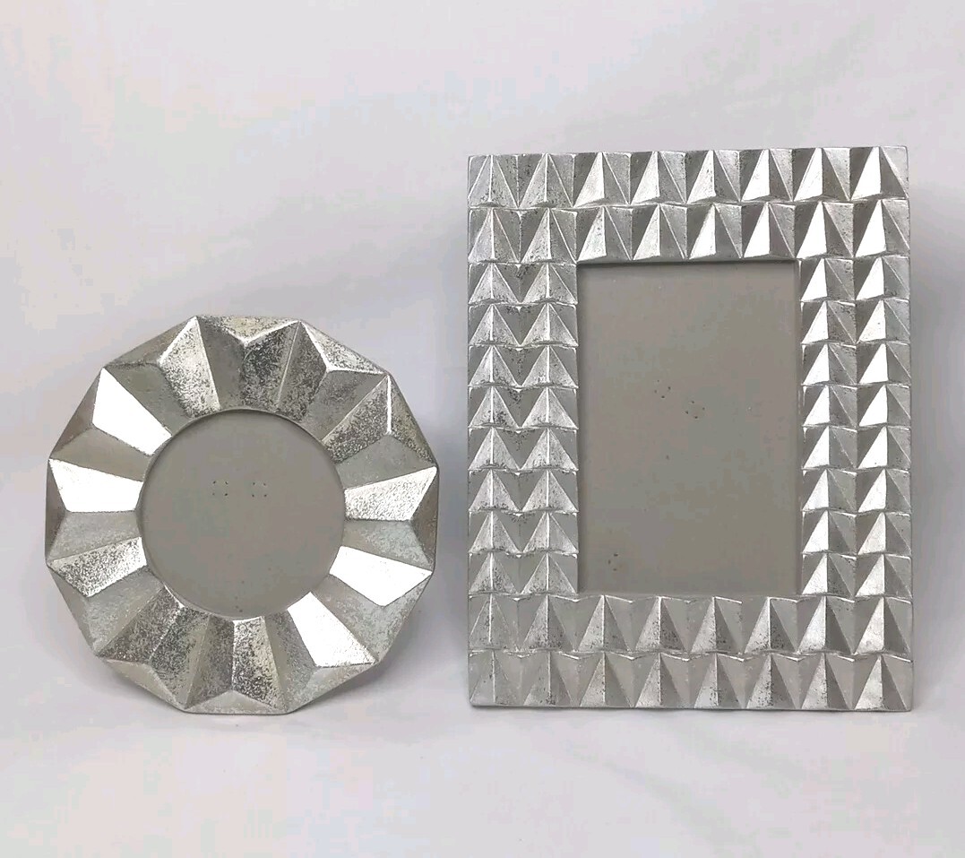 Nicole Miller Home Silver Resin Faceted 2 piece Set Holds 4x4 & 4x6 Photos