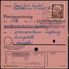 Bund; 60 Pf.  Heuss II als EF auf Postanweisung "182,-" Wiehl 1962 nach Hangelar
