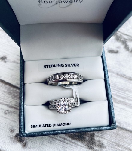 Juego de anillos de boda de plata esterlina de joyería fina brillante diamantes simulados - Imagen 4 de 4