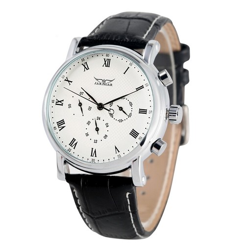 JARAGAR Men Automatic Mechanical Watch White Dial 22mm Leather Band Week Watches - Picture 3 of 9
