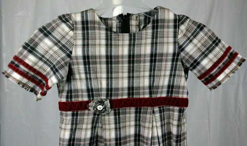 Girls Holiday Dress Size 6-7 Plaid Dress w/ Red Velvet Trim Handmade - Picture 7 of 11