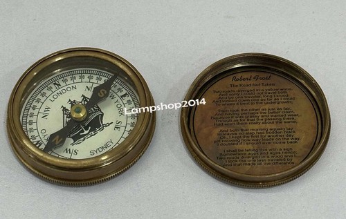 Antique Brass Poem Compass Robert Frost's Pocket Compass "The Road Not Taken" - Picture 1 of 10