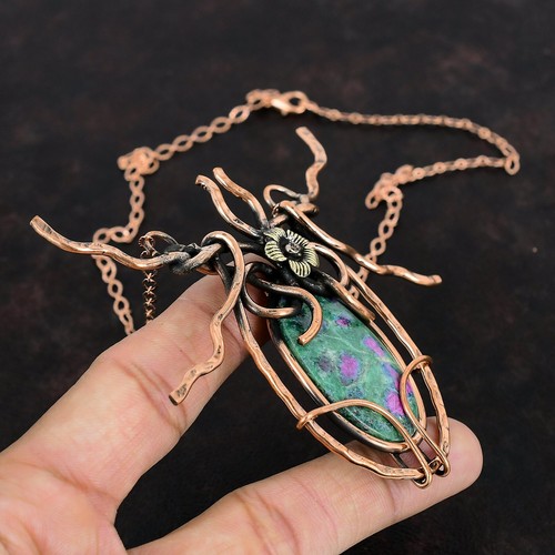 Copper Ruby Fuchsite Gemstone Elegant Chain Wire Wrapped Flower Necklace Jewelry - Picture 3 of 6