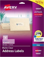 Avery 18660 Matte Clear Easy Peel Address Labels, Inkjet, 1 x 2 5/8, 300/Pack