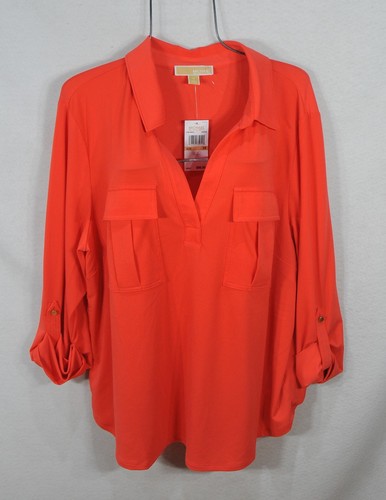 Michael Kors Damen Bluse 2X Herbst Sangria Langarm Tasche Übergröße Oberteil Neu mit Etikett
