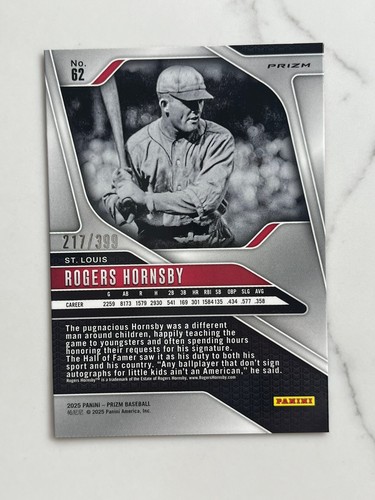 2025 Panini Prizm Orange Pulsar #62 Rogers Hornsby /399 St. Louis Cardinals Karte - Bild 2 von 2