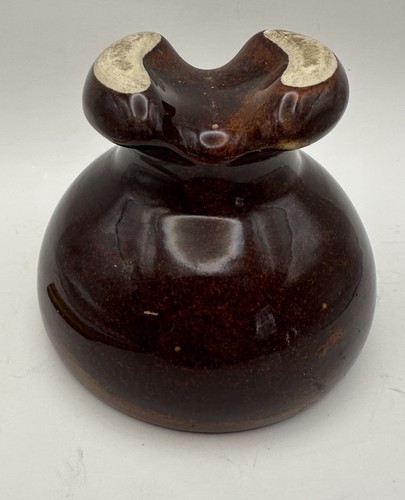 Vtg Ceramic Brown Glaze Insulator For Telephone Wire W/Hand Painted Decoration - Picture 4 of 9