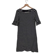 Talbots Navy Blue and White Striped Cotton Bell Sleeve Dress Womens Size Small