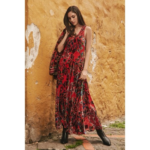 Johnny Was Bias Dress Bobcat Forest Silk Blend Red Floral Maxi NWT Size XS