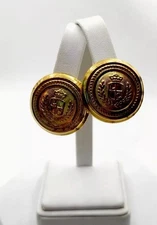 Vintage LCL Liz Claiborne Gold Toned Shield Crest Clip On Earrings Jewelry Gift
