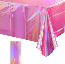 1 Pack Iridescent Pink Plastic Tablecloths, Shiny Disposable Laser Rectangle Ta