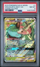 2019 POKEMON SUN & MOON COSMIC ECLIPSE #1 VENUSAUR & SNIVY GX PSA 8
