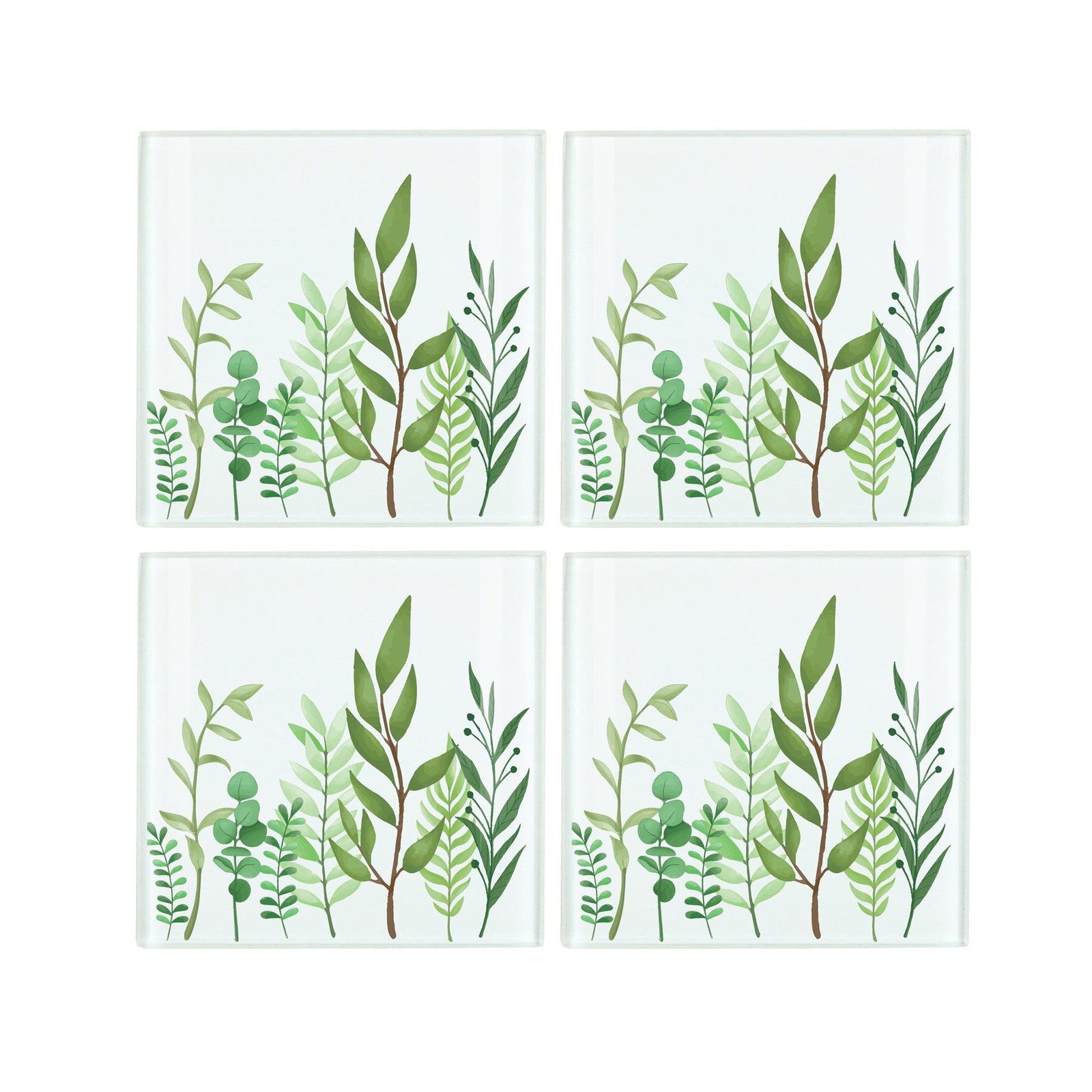 Green Leaves Coaster Set - Square Glass Foliage Print - Set of Four Gift