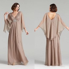 Champagne Mother of the Bride Dresses Chiffon Cloak Sleeves Beaded Rhinestone