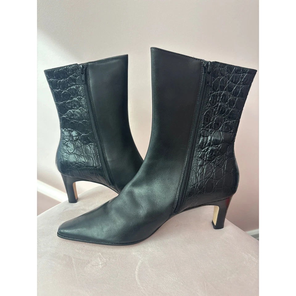 Botas de cuero bordadas florales, punta cuadrada, tacón de aguja, para mujer talla 8 Foto 3 de 4