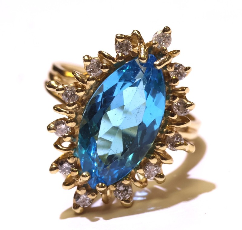 14k yellow gold natural .30CT diamond marquise blue topaz gemstone ring 6.4g 6