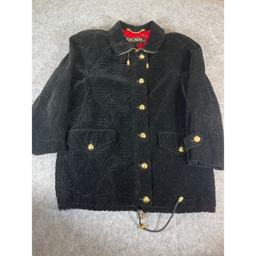 Vintage Escada Margaretha Ley Samt Steppjacke Damen XL Goldknöpfe Schwarz