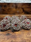 Set of 6 Pier 1 Beaded 2.5" Napkin Ring Holder Red Gold Silver Flower Vintage