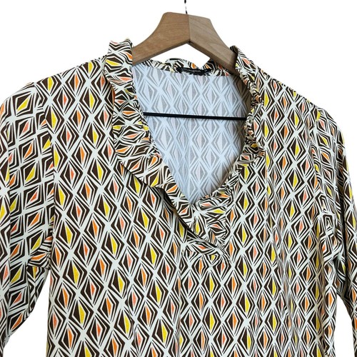 J McLaughlin Durham Knit Ruffle Neck Catalina Cloth Geo Print Blouse Size Medium - Picture 2 of 5