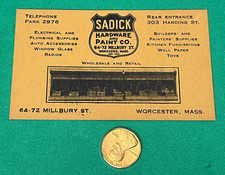 c1930s WORCESTER MA SADICK HARDWARE ADVERTISING BUSINESS CARD! PAINT RADIOS TOYS