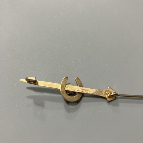 9ct Yellow Gold & Blue Stone Rodd Horseshoe Brooch Vintage 2g - Picture 2 of 5