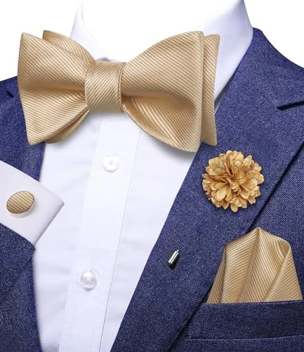 Self Tie Bow Ties and Lapel Pin for Men Paisley Solid Mens Bowtie Champagne - Image 3 of 4