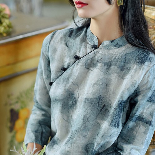 Womens Cotton Linen Vintage Floral Qipao Dress Long Shirt Dress Loose Oversize - Picture 5 of 13