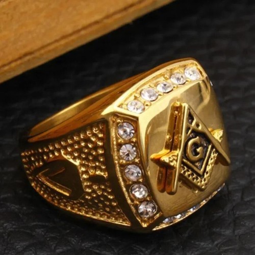 Luxury Stainless Steel AG Freemason Gold Diamond Men's Rings Sizes 8-13 - Picture 6 of 11