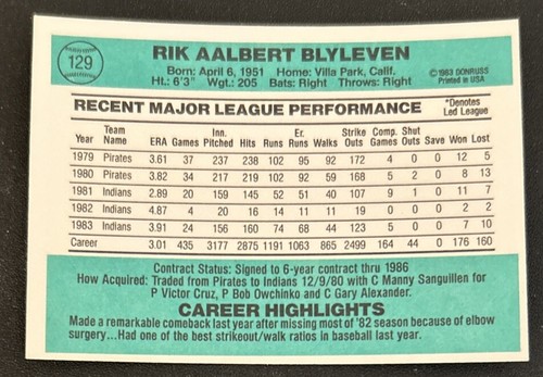 1984 Donruss Bert Blyleven Baseball Card #129 Indians Pitcher EXMT O/C - Foto 2 di 2