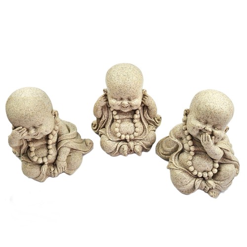 See Hear Speak No Evil Wise Buddha in Natural Finish Ornament Gift 3pce Set 13cm - Picture 5 of 8