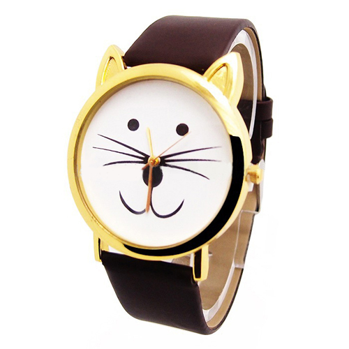 WOMENS NOVELTY DAINTY SIMPLE CAT FACE DIAL LEATHER BAND QUARTZ CUTE WRIST WATCH - Picture 7 of 10