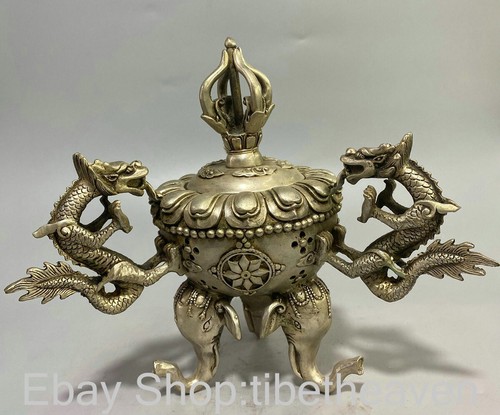 9.2" Marked Old Chinese Silver Dragon Beast Elephant Foot Incense Burner - Picture 4 of 8