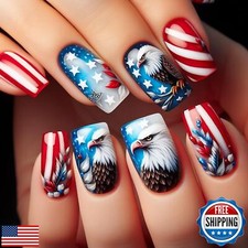 4th of July Press on Nails Short Square Fake Nails 24Pcs Glossy USA Flag Stri