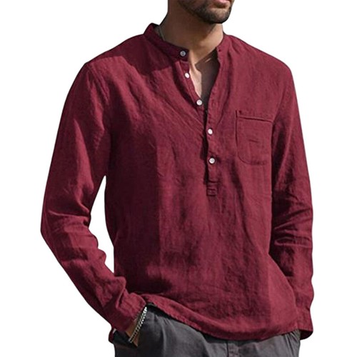 T-shirt uomo manica lunga cotone lino casual tinta unita bottoni scollo a V - Foto 24 di 25