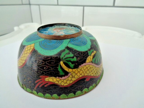 Antique Chinese Cloisonne Bowl 5 Claw Dragon Chasing pearl c1920s 110x54mm Used - Picture 6 of 24