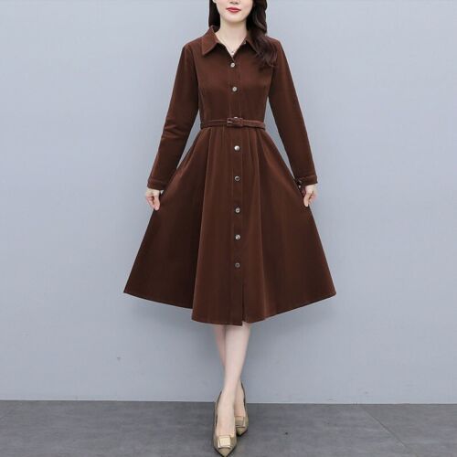 Lady Vintage Style Corduroy Midi Shirt Dress Belted Fit Flare Long Sleeve Button - Picture 5 of 14