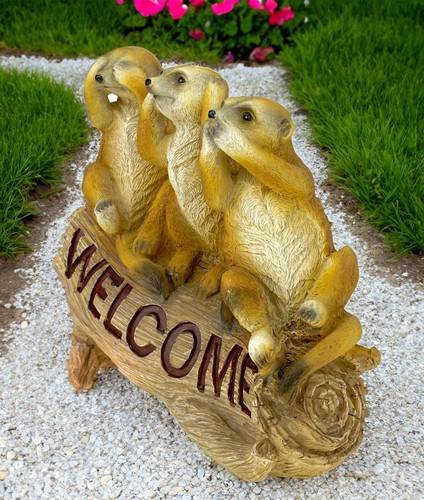 Gartenfigur Erdmännchen 3 Weisen + Welcome Schild Figur 24 cm Meercat Tierfigur - Bild 2 von 7
