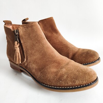 White Stuff Camel Tan Suede Leather Side Zip Boho Tassels Ankle