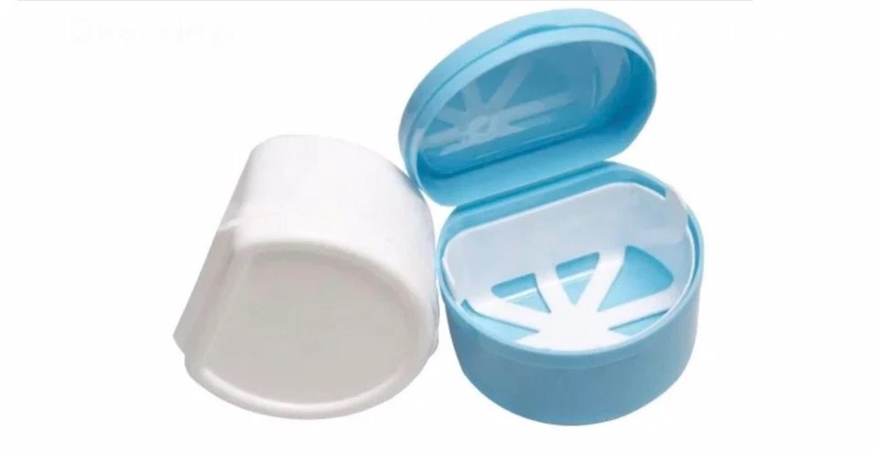 2 Pack Colors Denture Bath Case Cup Box Holder Storage Soak Container  &Strainer - Image 3 of 3