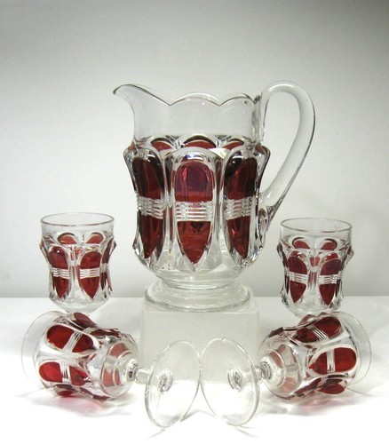 EAPG *** BARRED OVAL - RUBY STAINED - 5 PCS WATER SET - NEAR MINT - Picture 5 of 6