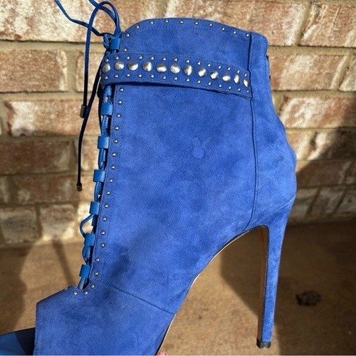 Brian Atwood Cobalt Blue Suede Leather Stiletto Peep Toe Lace Up Boots Size 10 - Picture 10 of 10