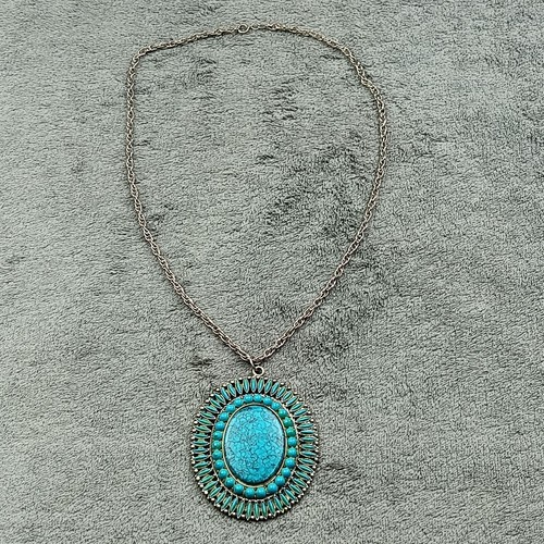 Southwestern Style Faux Turquoise Oval Pendant 24" Necklace vintage - Afbeelding 9 van 12