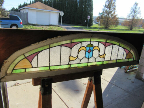 ~ ANTIQUE STAINED GLASS TRANSOM WINDOW ~ 63 x 16.25 ~ ARCHITECTURAL SALVAGE - Picture 2 of 9