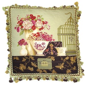 20" x 20" Handmade Needlepoint Butterfly Urn Flower Bouquet Pillow with Tassels 20" x 20" Handmade Needlepoint Butterfly Urn Flower Bouquet Pillow with Tassels