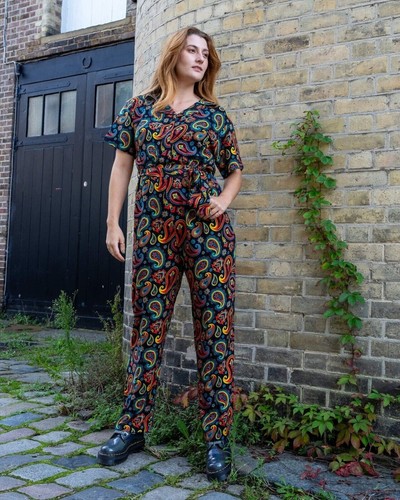 RUN AND FLY Black Paisley Jumpsuit 8-26 Retro Mod Groovy Sixties Print Overalls - Picture 2 of 7