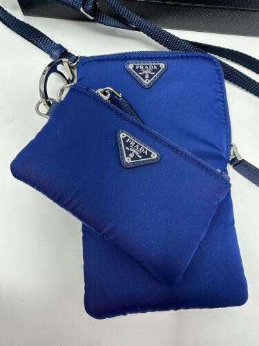 Autentica custodia cellulare Prada Re nylon cordino 2 tasche tessuto blu nuova con scatola - Foto 3 di 17